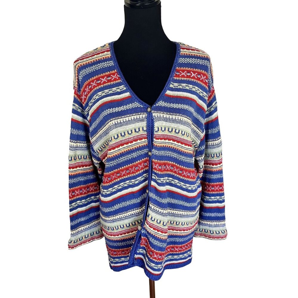 Vtg Knit Cardigan Sweater Striped Pattern Full Button Womens Large Multicolor XL